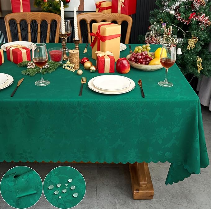 New Year Christmas Rectangle Tablecloth Blackish Green Jacquard Fabric Table Cloth Waterproof Washable Decorative Soft Table Cover for Kitchen Dining Holiday Party Decor (60X120 in)