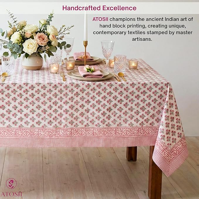 ATOSII Gulbahar White Pink 100% Cotton Fall Rectangle Tablecloth, Handblock Print Floral Table Cloth for Kitchen Dining Linen I Thanksgiving Christmas Weddings Outdoors I 72 X 120 Inches I 10 Seater