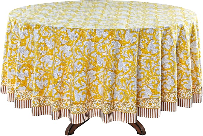 Ridhi Block Print Round Saffron Yellow Reusable Tablecloth 100% Cotton 132" Inch Decorative Table Cover eveyday Dining, Home, Party, Wedding, Farmhouse Gift for Spring, Easter, Valentine