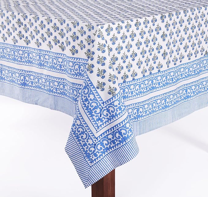 ATOSII Gulbahar Blue 100% Cotton Spring Square Tablecloth, Handblock Print Floral Table Cloth Linen for Kitchen Dining I Weddings, Parties, Outdoors, Easter Home Decor 60 X 60 Inches I 4 Seater