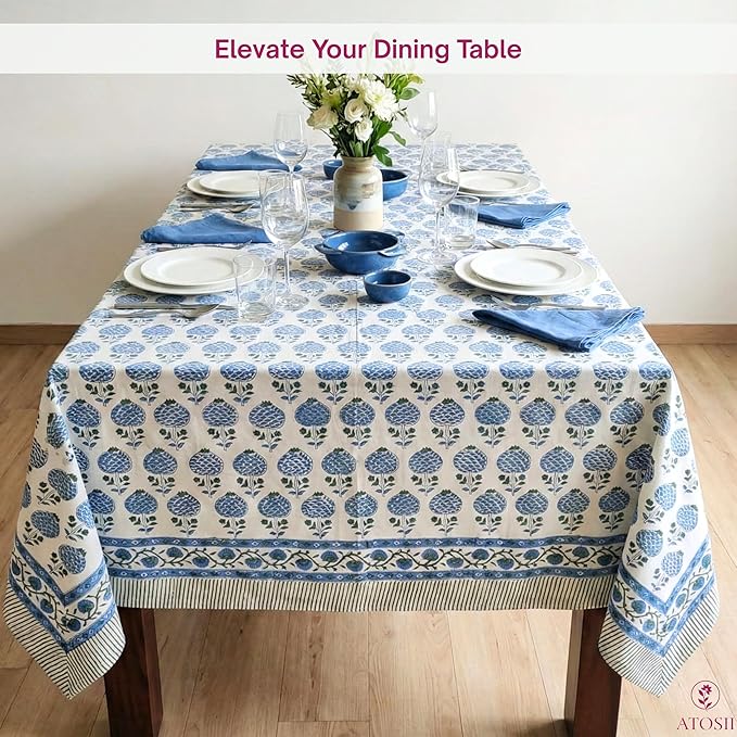 ATOSII Roma Blue 100% Cotton Boho Rectangle Fall Tablecloth, Handblock Floral Print Table Cloth Linen for Kitchen Dining I Parties, Outdoors, Weddings, Christmas, Thanksgiving Decor 60 X 90 Inches