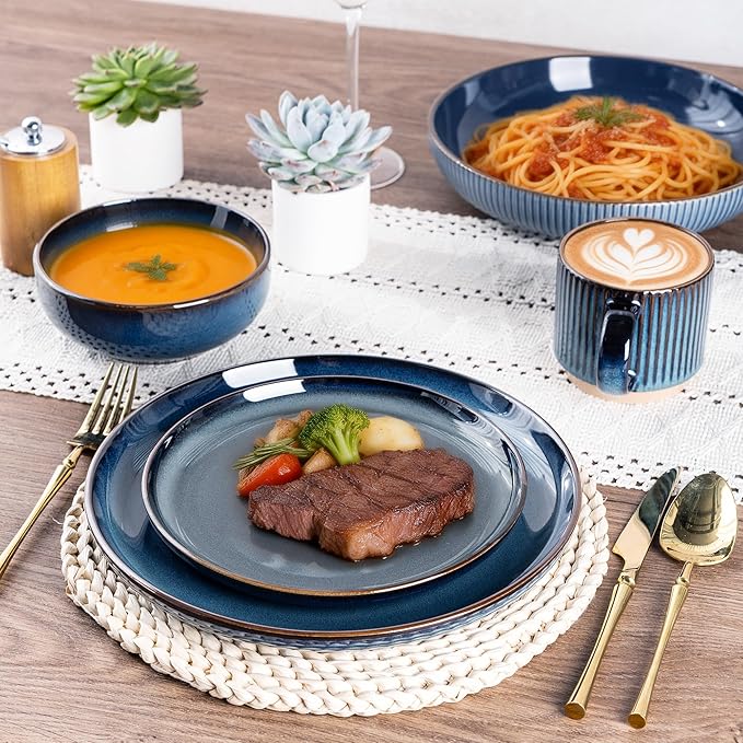 GBHOME Ceramic Dinnerware Sets for 4, 12 Pieces Stoneware Plates and Bowls Sets, Scratch Resistant Dishes, Dishwasher & Microwave Safe, Reactive Glaze-Pacific Blue