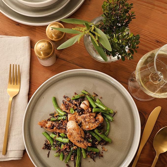 Gibson Elite Tahoe Sunset 12-Piece Reactive Stoneware Dinnerware Set – Matte Exterior & Shiny Interior Plates and Bowls, Durable Everyday Dish Set, Microwave & Dishwasher Safe - Taupe