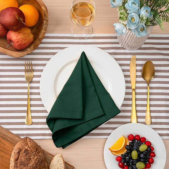 Blue Needles Set of 6 Hemstitch Linen Napkins 100% Cotton Forest Green Cloth Dinner Napkins 18x18 inches, Soft, Reusable, Absorbent, Washable, Ideal for Wedding Events, Parties & Everyday Use