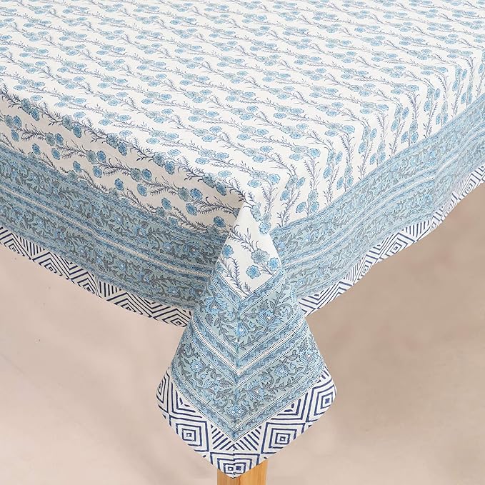 Handblock Print Cotton Tablecloth – 60x90 Rectangular Table Cover 6 Seats – Indian Block Printed Floral Dining Table Linen – Boho Washable Cloth for Kitchen, Party, Outdoor, Sky Blue
