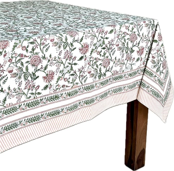ATOSII Mahoka Rust 100% Cotton Square Fall Tablecloth, Handblock Floral Linen Table Cloth for Kitchen Dining Table I Parties Weddings Outdoors Easter Valentine's Gift I 60 X 90 Inches I 6 Seater