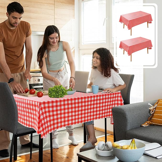 Nasitos 2 Pack Vinyl Picnic Table Cover 60x84 Inch-Flannel Backed Rectangle Waterproof Tablecloth Checkered, Wipeable Plastic Table Cover Red and White for Dinner Party, Picnic, Outdoor