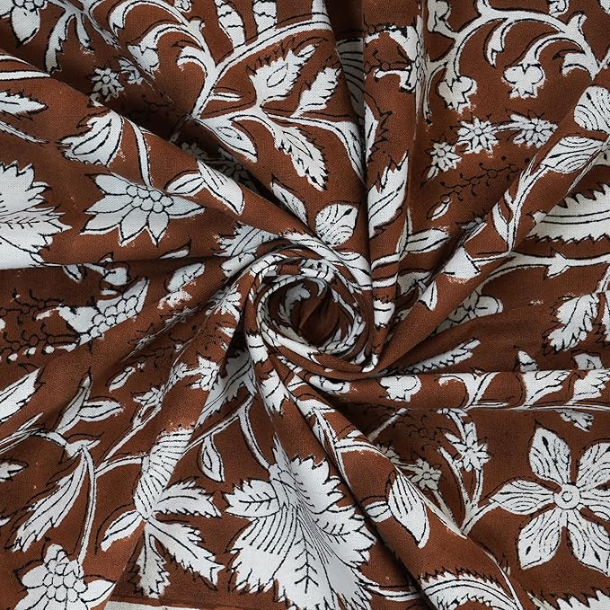 Handblock Print Cotton Tablecloth – 72x108 Rectangular Table Cover Seats 6–8 – Indian Block Printed Floral Dining Table Linen – Boho Washable Cloth for Kitchen, Party, Outdoor, Dark Brown