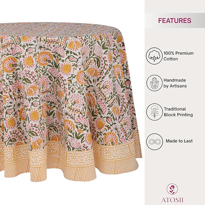 ATOSII Clover Yellow 100% Cotton Round Tablecloth, Handblock Print Floral Table Cloth for Kitchen Dining Linen I Parties, Weddings, Outdoors, Christmas, Thanksgiving I Fall Home Decor 72" Inches Round