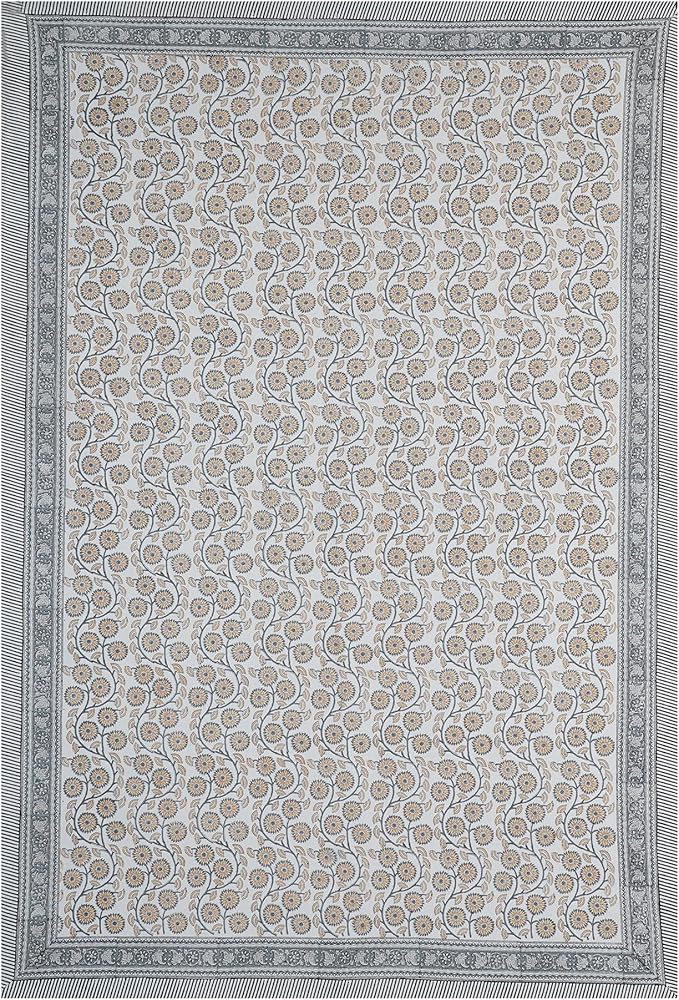 Handblock Print Cotton Tablecloth – 70×130 Rectangular Table Cover Seats 8-10 – Indian Block Printed Floral Dining Table Linen – Boho Washable Cloth for Kitchen, Party, Outdoor, Off White