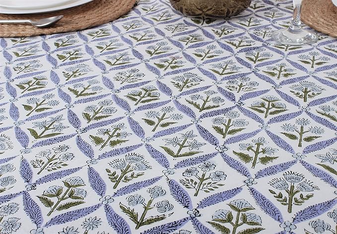 Ridhi Block Print Round Light Steel Blue Reusable Tablecloth 100% Cotton 110" Inch Decorative Table Cover eveyday Dining, Home, Party, Wedding, Farmhouse Gift for Spring, Easter, Valentine