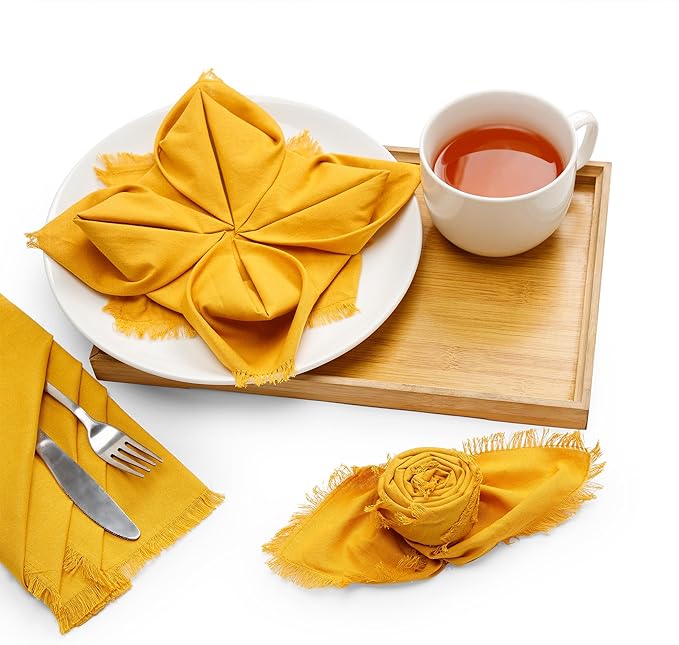 Lightnpro Cotton Napkins Set of 12, Beautiful Handmade Fringe Dinner Cloth Napkins, Washable and Reusable for Dining, Parties, Weddings, Holiday & Everyday Use - 18x18 Inch Mustard
