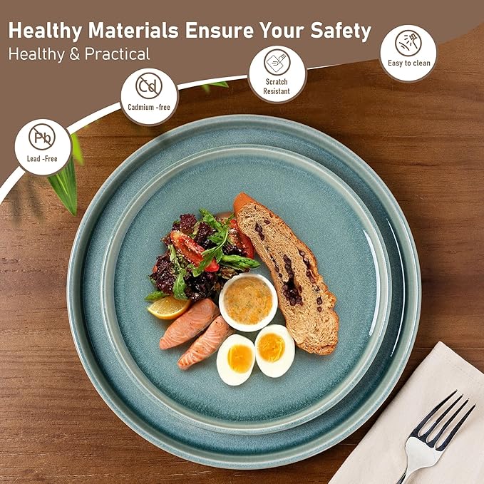 GBHOME Ceramic Dinnerware Sets for 8, 24 Pieces Stoneware Plates and Bowls Sets, Scratch Resistant Dishes, Dishwasher & Microwave Safe, Reactive Glaze-Malachite Green