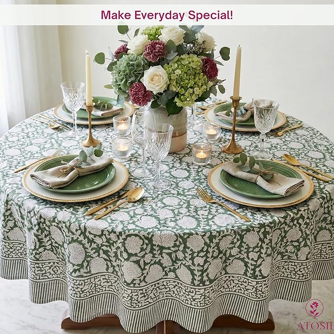 ATOSII Shalimar Green 100% Cotton Round Boho Fall Tablecloth, Handblock Floral Table Cloth Linen for Kitchen Dining I Parties Wedding Outdoors Christmas Thanksgiving I Fall Home Decor 90" Inches Round