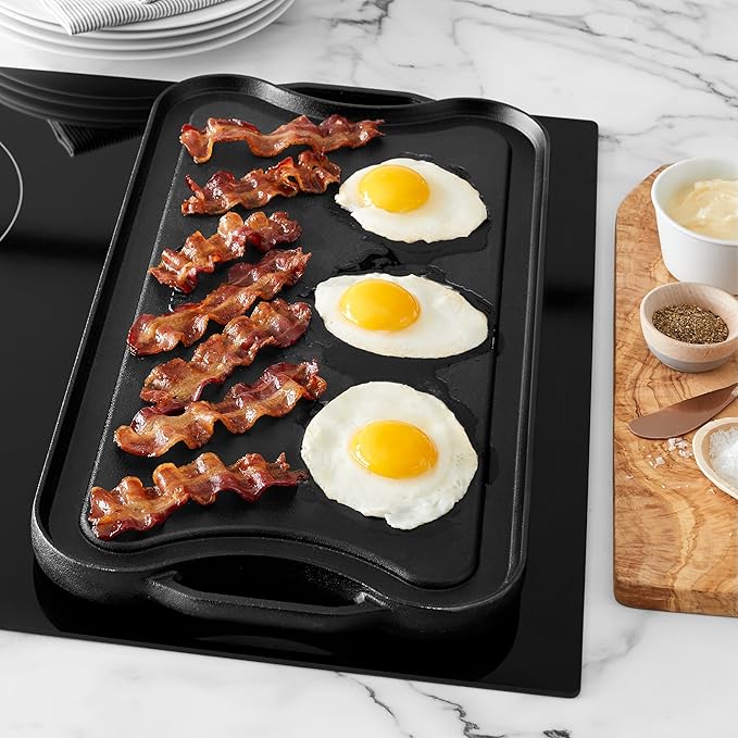 Amazon Basics Pre-Seasoned Cast Iron Reversible Rectangular Grill/Griddle, Black, 20 x 10.63 x 0.98 inch