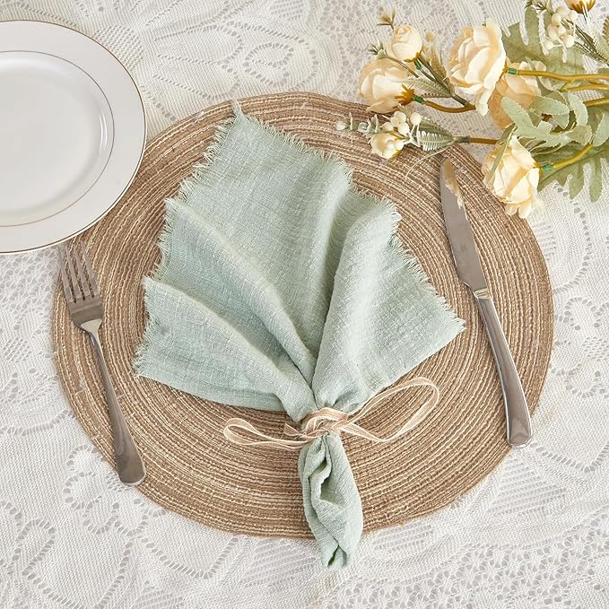 BALCONY & FALCON Cloth Napkins 100% Cotton with Fringed Handmade Square Rustic Style Washable Napkins 12 Pack Sage Green 20 x 20 inches for Easter Thanksgiving Christmas Weddings Parties Banquets