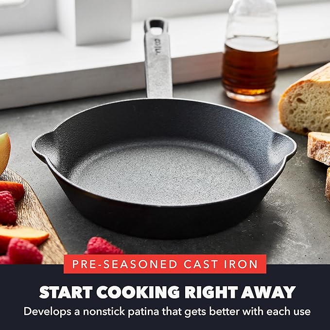 GreenPan x Bobby Flay 8” Cast Iron Pre-Seasoned Skillet with Helper Handle, Professional Grade Heavy Duty, Induction Suitable, Versatile Stovetop, Oven, BBQ, Fire & Grill, Indoor & Outdoor Use, Black