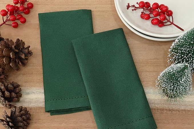PurpleEssences Set of 6 Hemstitch Cloth Dinner Napkins 100% Cotton - Soft Durable Washable - Ideal for Wedding Christmas Holiday Winter - Perfect Everyday Use Table Linen 18x18 - Forest Green