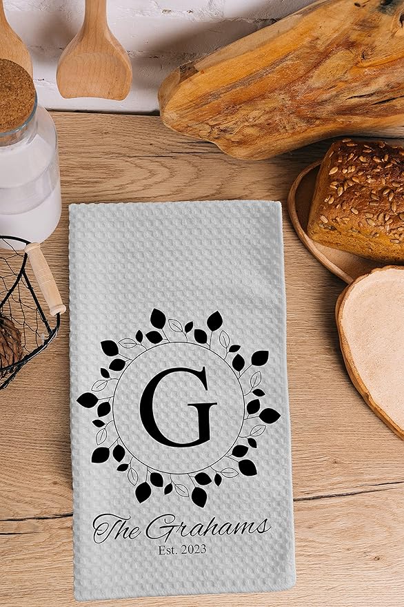 Personalized Kitchen Towel | Custom Tea Towel | Family Name Dish Towel | Kitchen Decor | Hand Towel | Housewarming Gift | Monogram Dishcloth (Wreath 4)