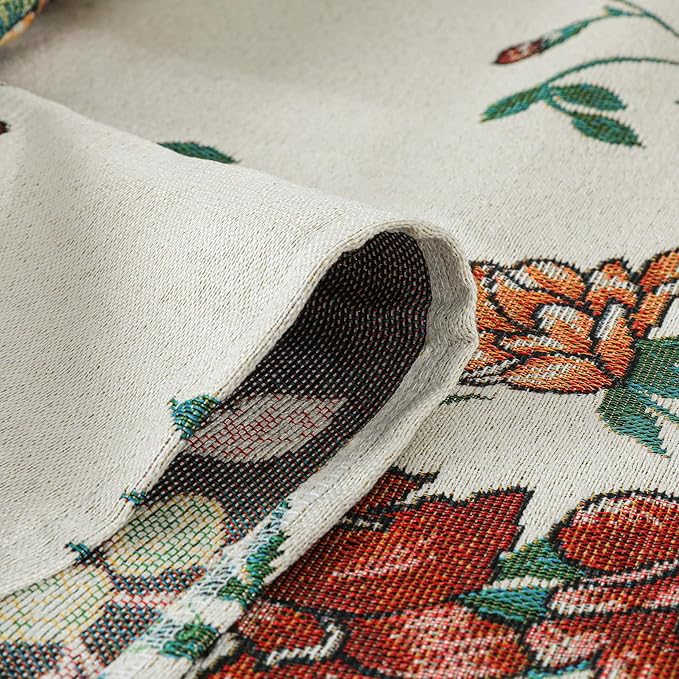Dimatic Cotton and Linen Rectangular Tablecloth with Botanical Elements for Desks, Dining Tables, Home Table Cloths, Party and Holiday Decorations, Red 55 x 118 Inches