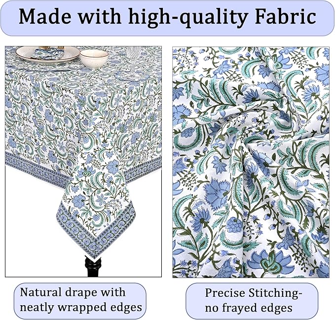 Ridhi Hand Block Print Columbia Blue Rectangle Cotton Tablecloth 108" x 70" Reusable Table Cover Decorative Everyday Use for Dining, Farmhouse, Home Gift for Spring, Easter, Valentine