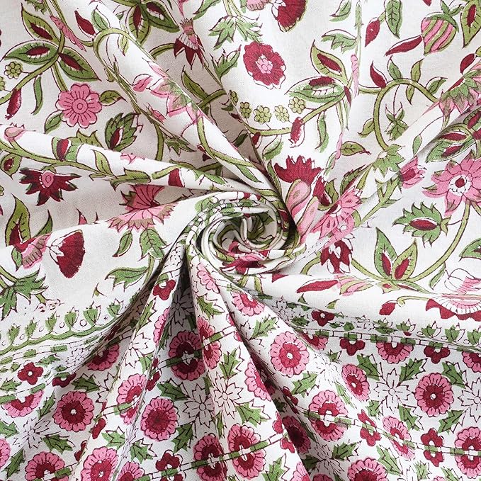 Handblock Print Cotton Tablecloth – 60x60 Square Table Cover 4 Seats – Indian Block Printed Floral Dining Table Linen – Boho Washable Cloth for Kitchen, Party, Outdoor, Pink