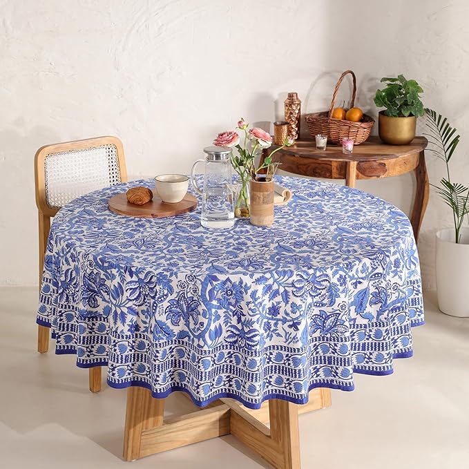 Hand Block Printed Table Cover - Exquisite Design, Premium Cotton Fabric, Perfect for Dining and Decor, Dining Table Linen(Midnight Blue,8 Seater 90 Inches Round)