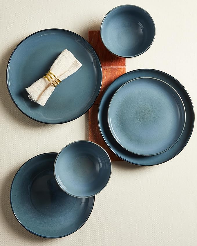 Santorini Mist Terracotta Reactive Glaze Plates and Bowls Sets, Stoneware Dinnerware Sets, Microwave and Dishwasher Safe Ceramic Dish Set Service for 4, Jeans Blue