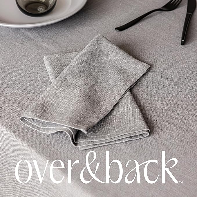 Over&Back 100%-Linen Woven Tablecloth - Colorful Dining Room Table Cover - Mitered Corner Hems - Machine Washable - Kitchen and Home Decor - Grey - 70x108