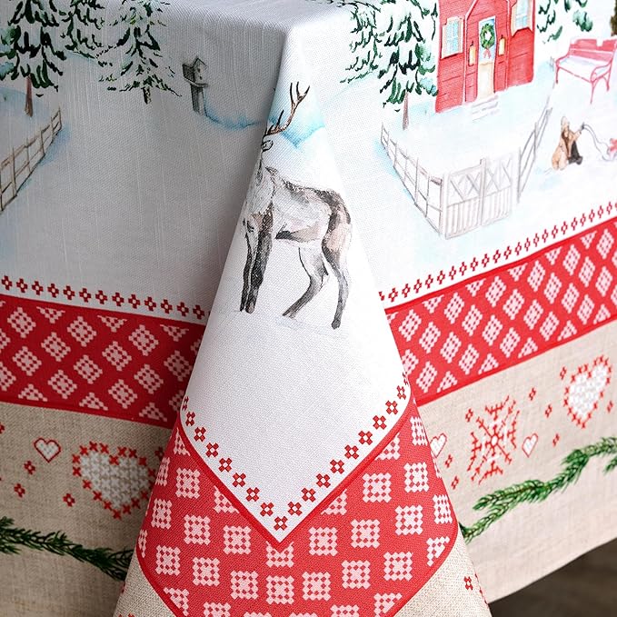 Maison d' Hermine Table Cloth Rectangle Table 100% Cotton 70 x 120 Inches Fall Tablecloth Reusable Everyday Use for Thanksgiving Christmas Decorations Dining Farmhouse Party (Rural Christmas)