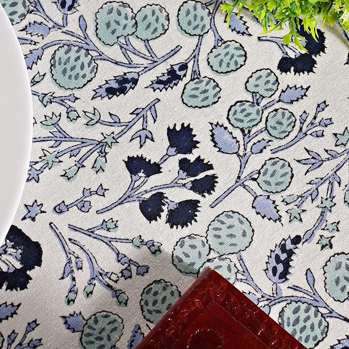Ridhi Block Print Round Denim Blue Reusable Tablecloth 100% Cotton 60" Inch Decorative Table Cover eveyday Dining, Home, Party, Wedding, Farmhouse Gift for Spring, Easter, Valentine