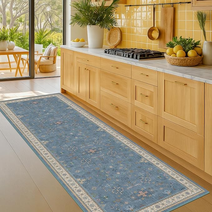 Light Blue 2x7 Washable Kitchen Runner - Boho Non Slip Runner Rug for Hallway, Bedroom Beside Bed,Entryway, Low Pile Floral Eclectic Unique Runner Décor