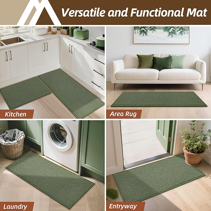 COSY HOMEER Kitchen Rugs Non Slip Washable 24"x36"+24"x60" Absorbent Kitchen Mats for Floor Stain Resistant Kitchen Runner Rug Sets of 2 Kitchen Floor Mats for Sink,Green