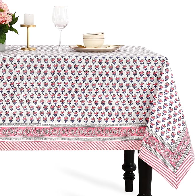 CPC Tablecloth 100% Cotton 72x140 Inch Indian Block Print Rectangle Table Cover, Pink Table Cloth for Weddings, Spring/Summer, Barbeque - Pink Sapphire