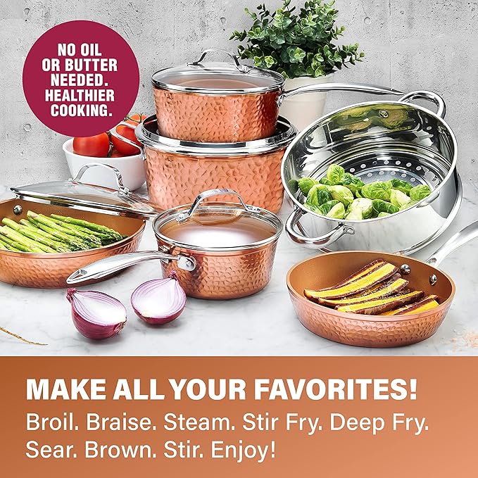 Gotham Steel Hammered 15 Pc Ceramic Cookware Set Nonstick, Induction Pots and Pans Set Non Stick with Bakeware Set & Steamer for Cooking, Non Toxic PFOA PFOS Free, Oven & Dishwasher Safe - Copper
