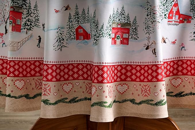 Maison d' Hermine Table Cloth Round Table 100% Cotton 69 Inches Fall Tablecloth Reusable Everyday Use for Thanksgiving Christmas Decorations Dining Farmhouse Party (Rural Christmas)