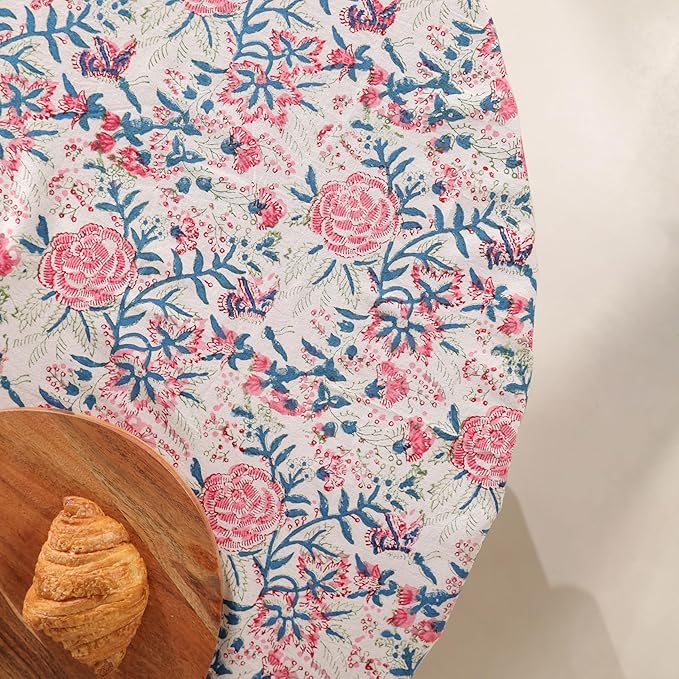 Hand Block Printed Cotton Tablecloth – Elegant Floral Design Perfect for Dining Table Kitchen Parties Home Decor, Wall Tapestry (Salmon Pink, 8 Seater 90 Inches Round)