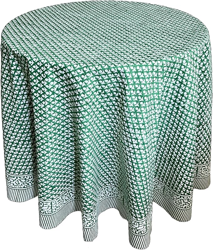 ATOSII Queen Green 100% Cotton Round Tablecloth, Handblock Print Floral Table Cloth for Kitchen Dining Linen I Parties, Weddings, Outdoors, Christmas, Thanksgiving I 90" Inches Round I 6 Seater