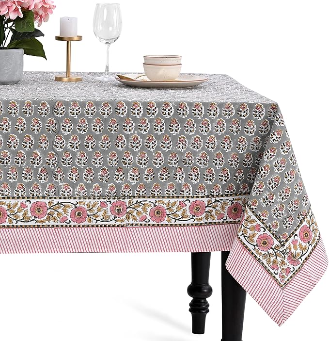 CPC Tablecloth 100% Cotton 72x140 Inch Indian Block Print Rectangle Table Cover, Gray Table Cloth for Weddings, Spring/Summer, Barbeque - Labra Gray