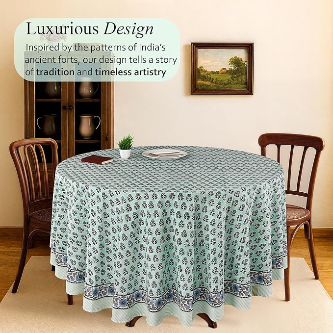 CPC Round Tablecloth- Cotton Indian Block Print Tablecloth -Handmade Printed Washable Cotton Table Cloth - Spring/Summer, Wedding Table Cover - Poppy Blue 110 Inches