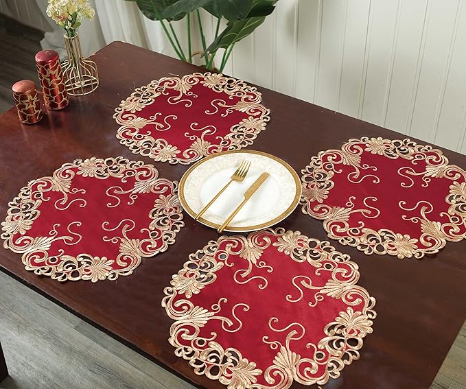 Decozen Set of 12 Doilies for Table, Lace Doilies Rustic Farmhouse Kitchen Dining Table Centerpiece Decor, 15 Inch Gold Burgundy Round Placemats for Home, Valentines Day Gifts, Valentines placemats