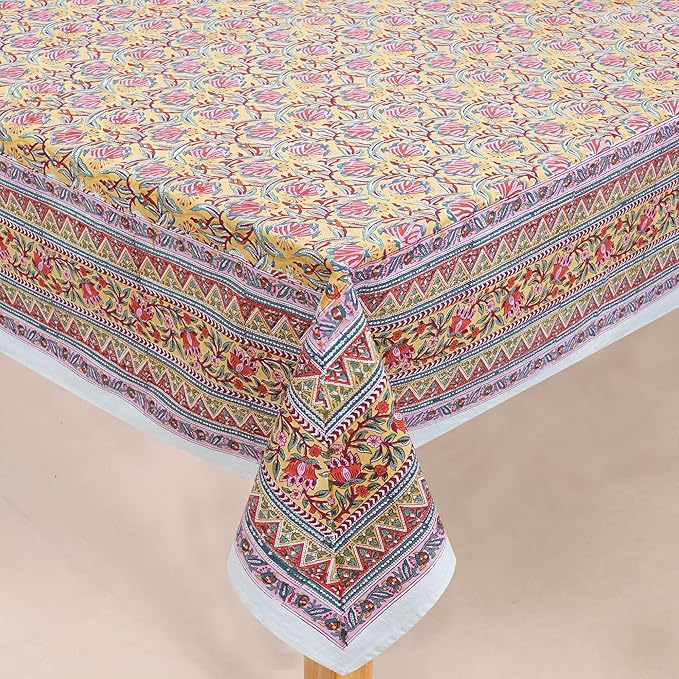 Handblock Print Cotton Tablecloth – 72x108 Rectangular Table Cover Seats 6–8 – Indian Block Printed Floral Dining Table Linen – Boho Washable Cloth for Kitchen, Party, Outdoor, Yellow