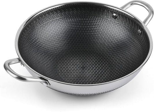 Hikaru 12.5” Wok Pan with Dual Honeycomb Wok Stainless Steel Wok Pan with Nonstick Coating, Frying Pans Cookware, Two Handles,Works with Induction ,Gas, Electric, Ceramic Furnace Stove, Without Lid