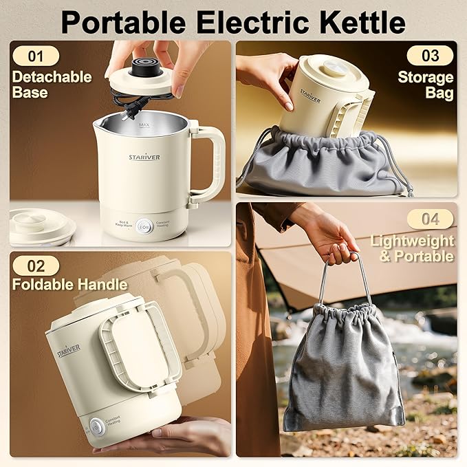 Stariver Portable Travel Kettle, 600ML Small Electric Kettle with Foldable Handle, Food Grade Stainless Steel Collapsible Water Boiler with Dual Modes, Compact Portable Kettle for RV, Camping, Beige