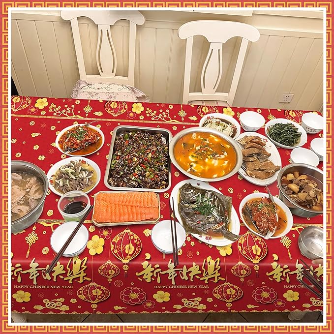 3 Pack Chinese New Year Decorations 2026, 54 x 108 Inches Red Plastic Table Cloths, Disposable Lunar New Year Table Cloth Rectangle Tablecloths Tablecover, Spring Festival Year of the Horse Decor
