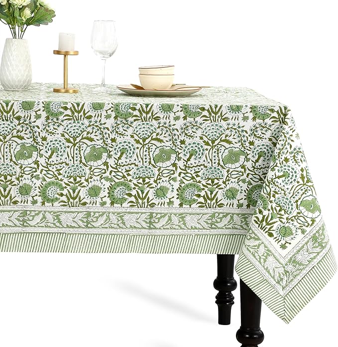 CPC Tablecloth 100% Cotton 60x90 Inch Indian Block Print Rectangle Table Cover, Washable Table Cloth for Weddings, Spring/Summer, Barbeque - Agate Green