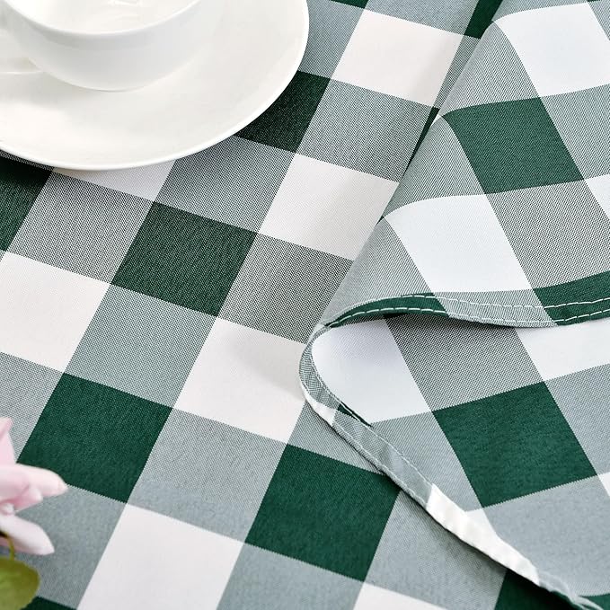 Hiasan Christmas Checkered Round Tablecloth 50 Inch - Waterproof Stain and Wrinkle Resistant Washable Fabric Table Cloth for Dining Room Party Outdoor Picnic, Forest Green and White