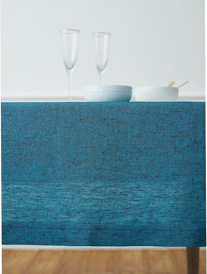 Solino Home Linen Tablecloth 60 x 144 Inch - 100% Pure Linen Chambray Teal Table Cloth for Rectangle Tables - Athena, Machine Washable Tablecloth for Spring, Easter, St Patricks Day