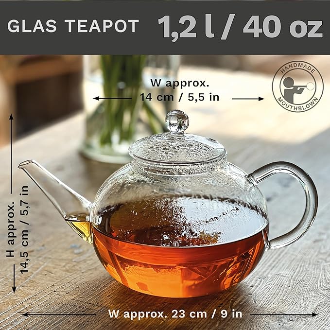 Creano glass teapot 40 oz (1200ml), tea maker with integrated stainless steel infuser and glass lid, ideal for preparing loose teas, drip-free, all-in-one