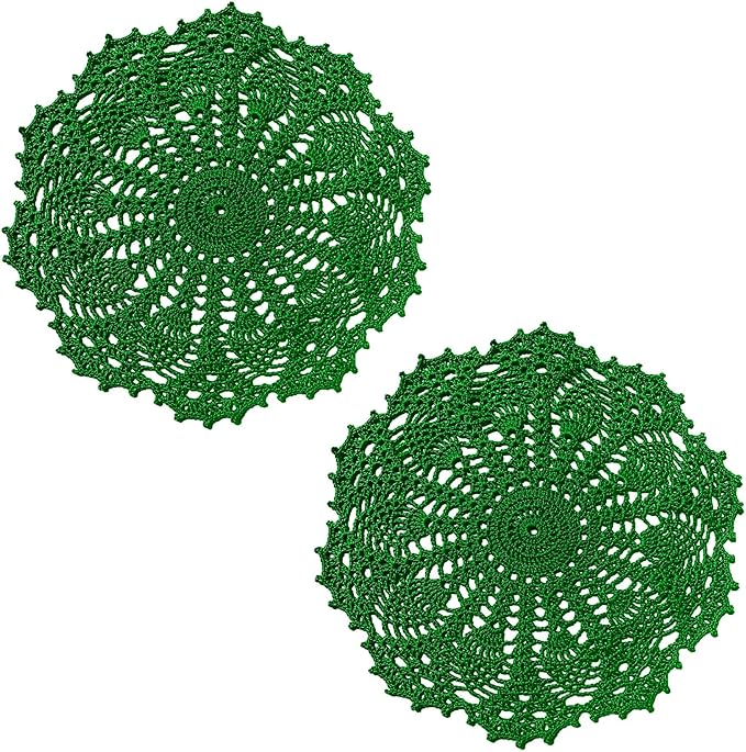 BIBITIME 2 PCS 11 inches to 12 inches Lace Doilies Crochet Handmade Lace Coasters Round Placemat Rustic Table Doilies Decors for Kitchen Dining Room Party Dressers (Green)